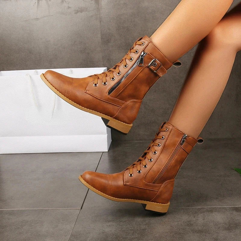 Evie | Women's Lace-Up Mid-Calf Leather Boots