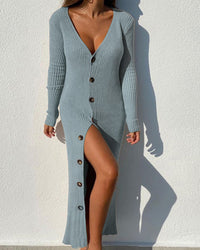 Fenella | Women's Ribbed Button-Front Knit Maxi Dress