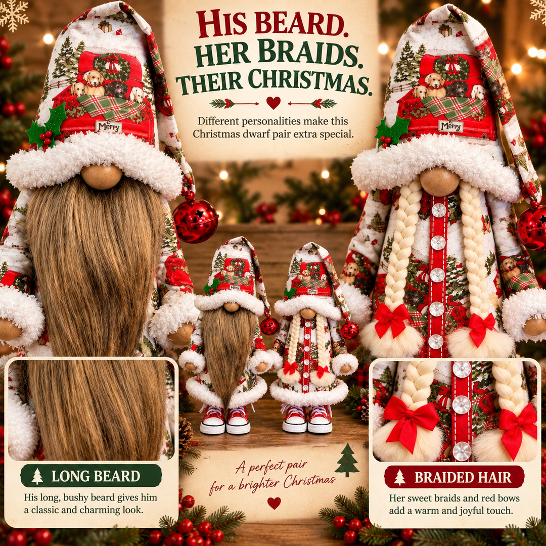 Festive Christmas Gnomes Pair with Long Beard and Braided Hair