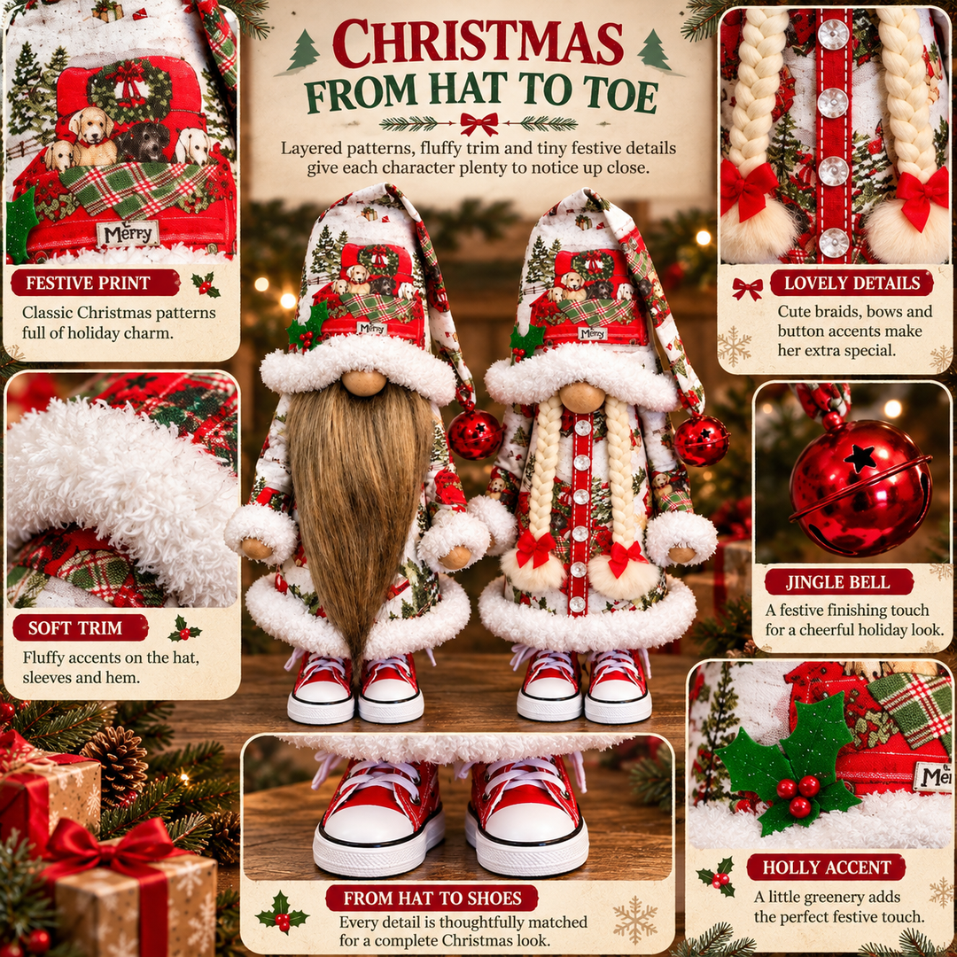Festive Christmas Gnomes Pair with Long Beard and Braided Hair
