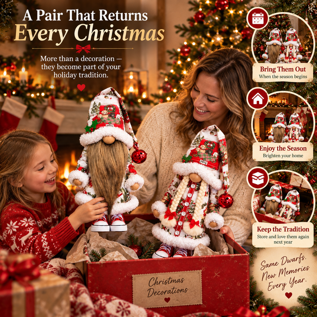 Festive Christmas Gnomes Pair with Long Beard and Braided Hair