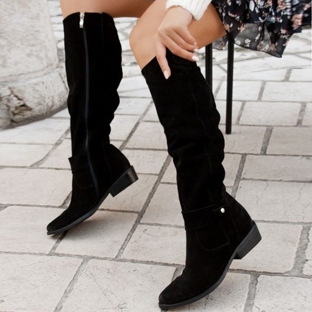 Lexi | Women's Slouchy Knee High Suede Heel Boots with Buckle