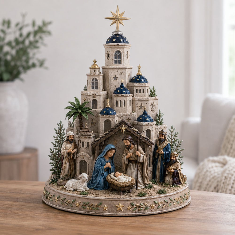 Light Up Nativity Scene with Illuminated Church Tower