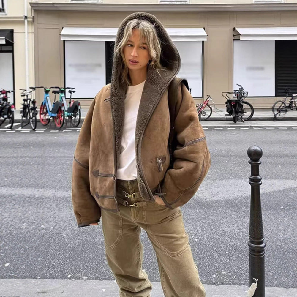 Paula | Women's Hooded Cropped Suede Teddy Lined Duffle Coat