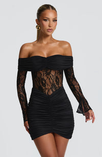 Isabella | Women's Lace Bardot Ruched Mini Cocktail Dress