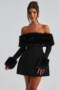Isla | Women's Faux Fur Bardot Fitted Homecoming Mini Dress
